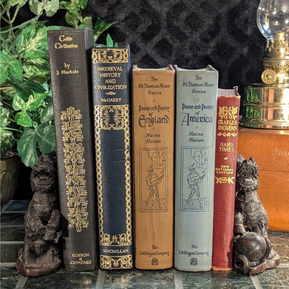 Vintage Decorative Book Stack Gold Embossed Classic Dark Moody Library Decor Set